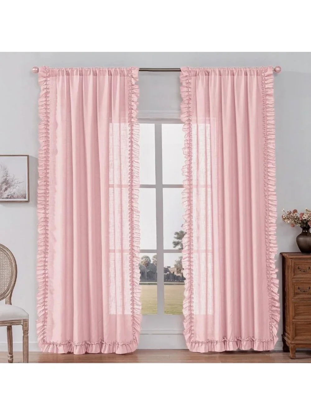 Blush Pink Ruffled Curtains, 47x84 Inch, 2 Panels, Rod Pocket, Farmhouse Decor
